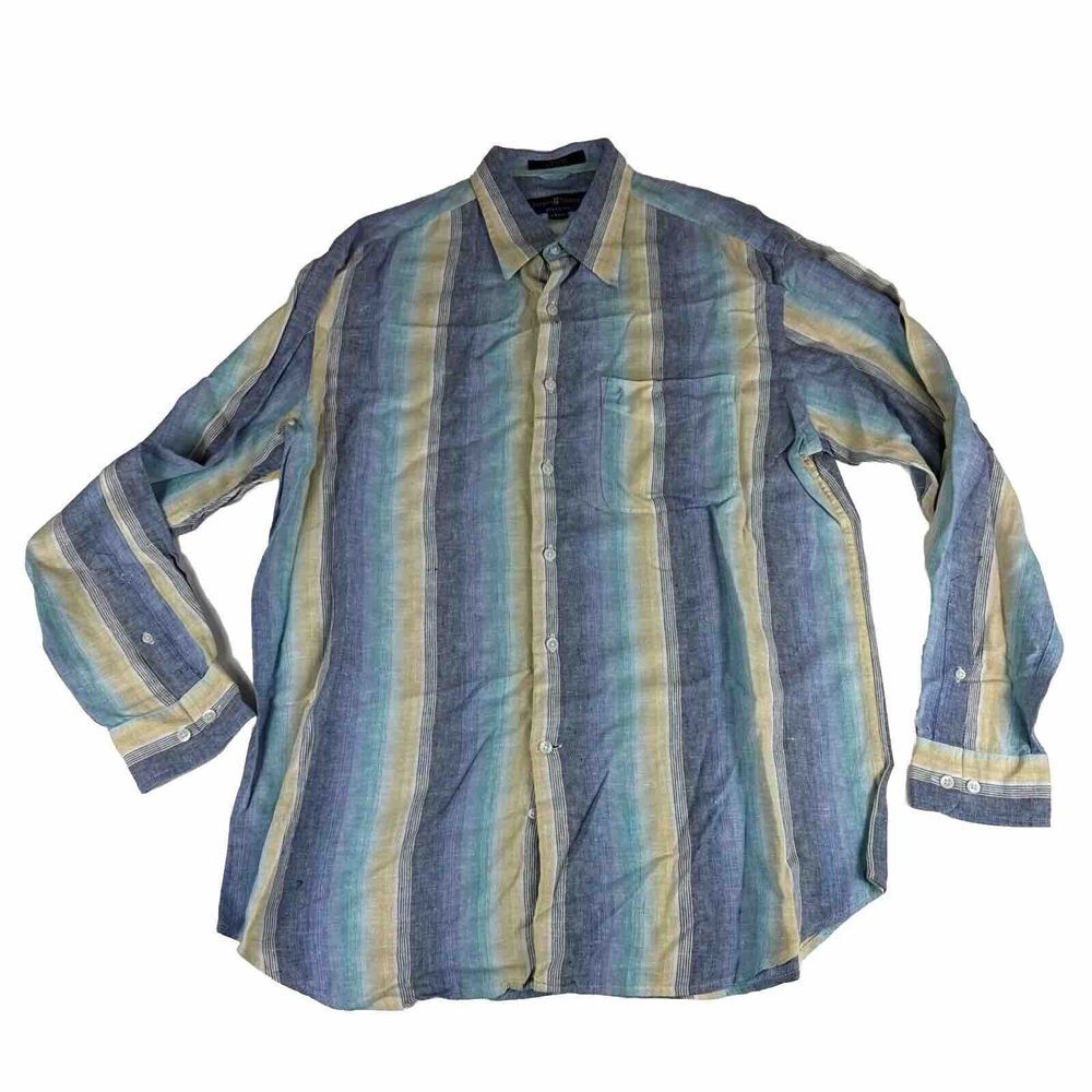 Indian Terrain Linen Shirt Mens‎ L-42 Blue Yellow Striped Long Sleeve Button Up